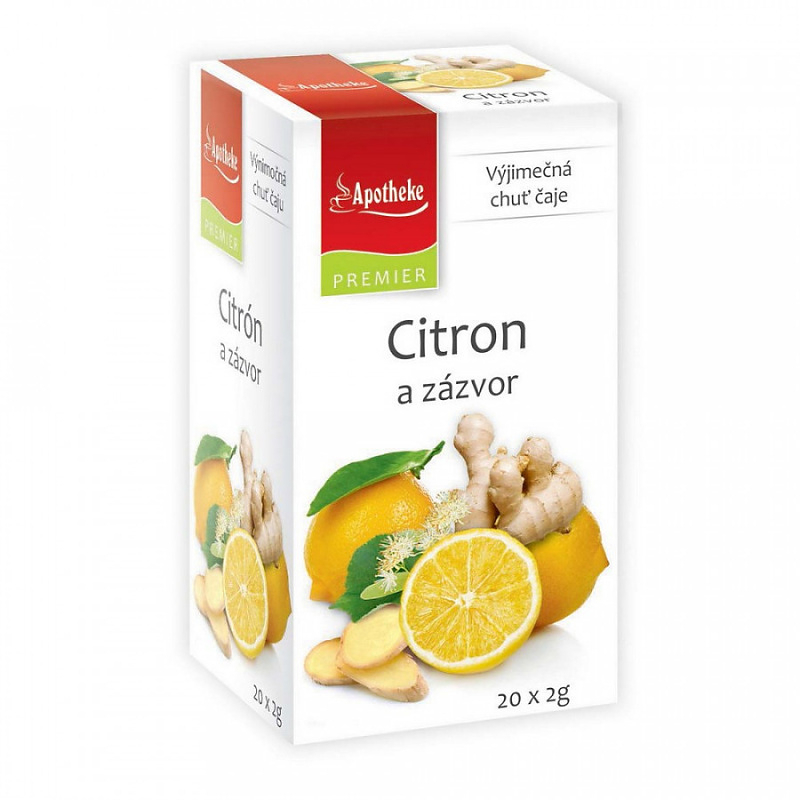 Apotheke PREMIER Citron a zázvor čaj 20x2g - Bylinný čaj s lehce štiplavou chutí exotického zázvoru v kombinaci s voňavou lípou 