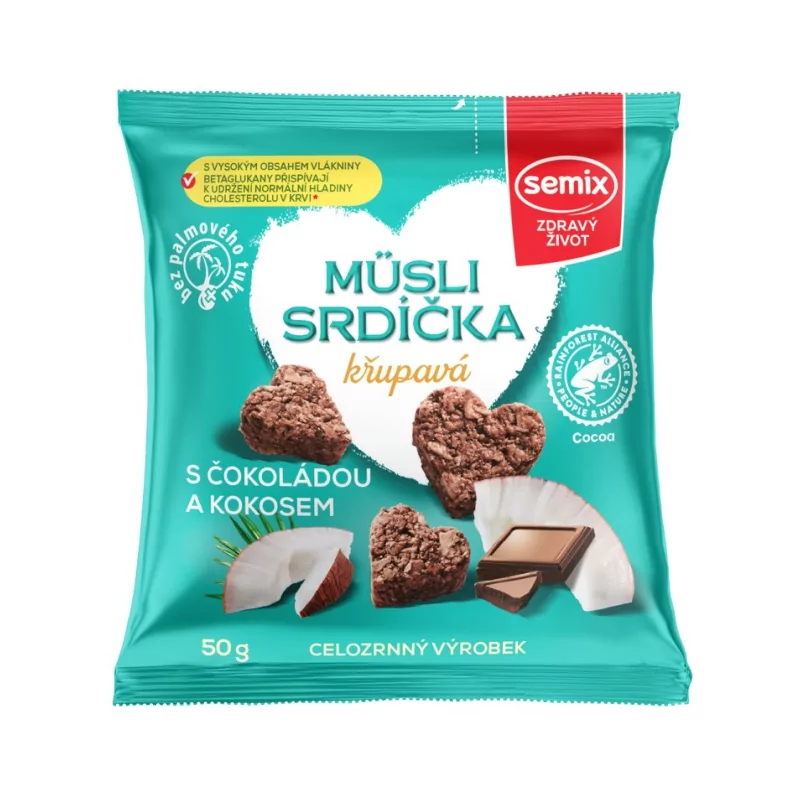 Müsli srdíčka s čokoládou a kokosem 50 g - Minimální trvanlivost do 31.10.2023