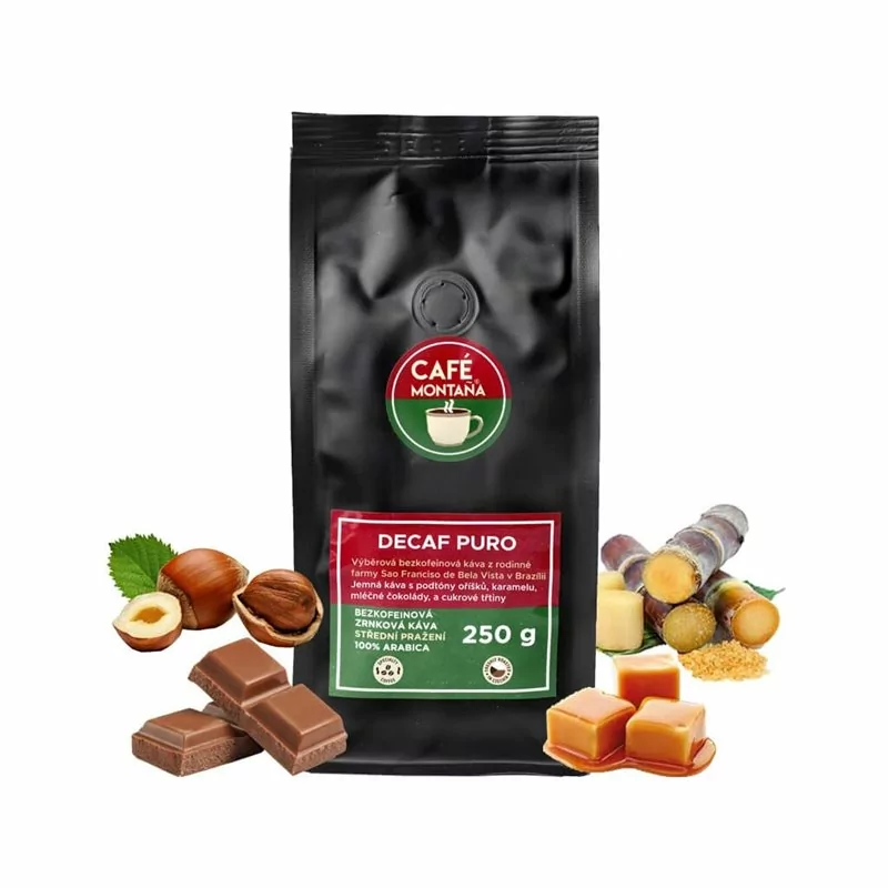 Decaf Puro bezkofeinová zrnková káva CAFÉ MONTAÑA 250 g