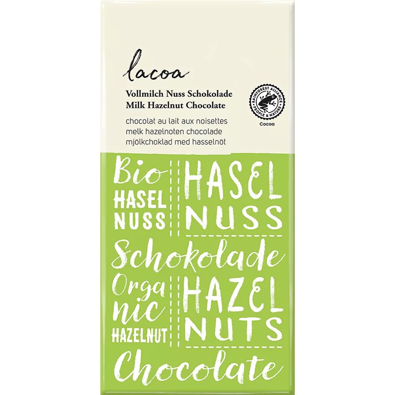 Bio mléčná čokoláda s lískovými oříšky LACOA 80 g - DMT 01/2025