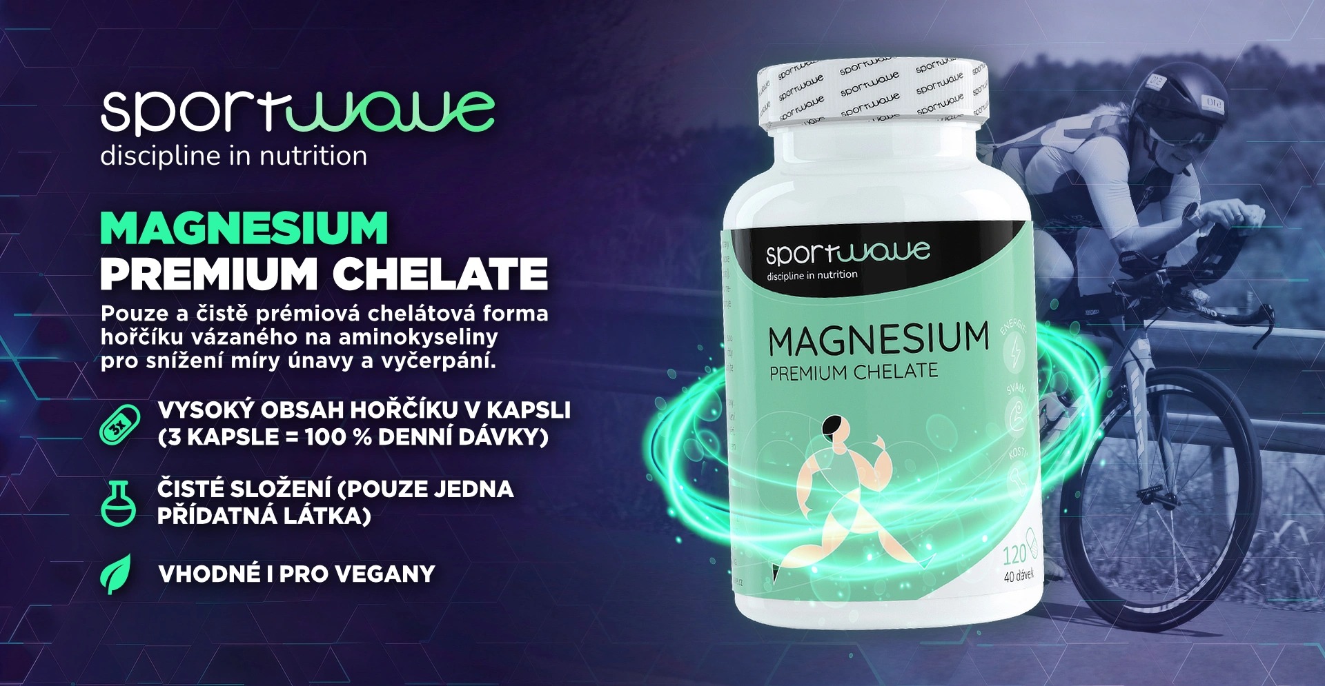 Magnesium Premium Chelate 120 kapslí, podpora při sportu, podpora zdraví